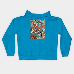 FLYING WHITE CRANES ON BLUE WATERS AND SPRING FLOWERS Red Teal Japanese Floral Kids Hoodie